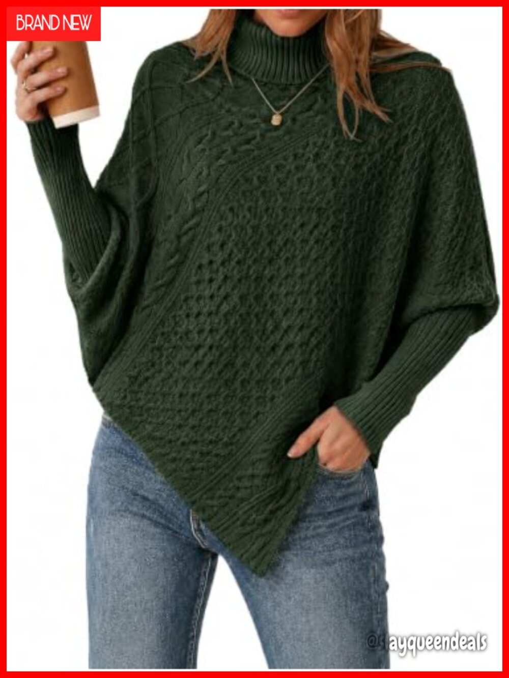 Womens Turtleneck Poncho Sweater Cable Knit Pullover Cape Wrap Top